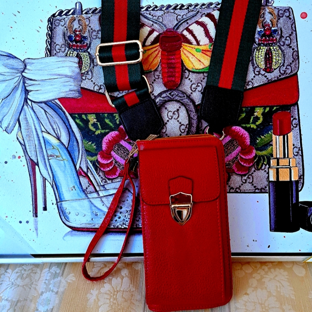 Universal Vegan Leather Phone Bag Zipper Wallet Red and Gold Crossbody & Wristle